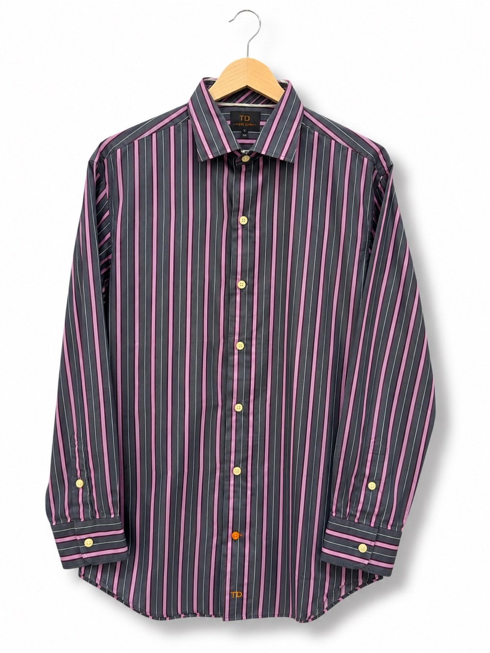 Thomas Dean Boys Gray Lavender Striped Cotton Dress Shirt Button Front 10/12 M